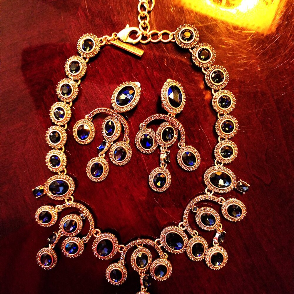 Oscar De La Renta Sapphire Diamond Swarovski Crystal Necklace & Earrings Set